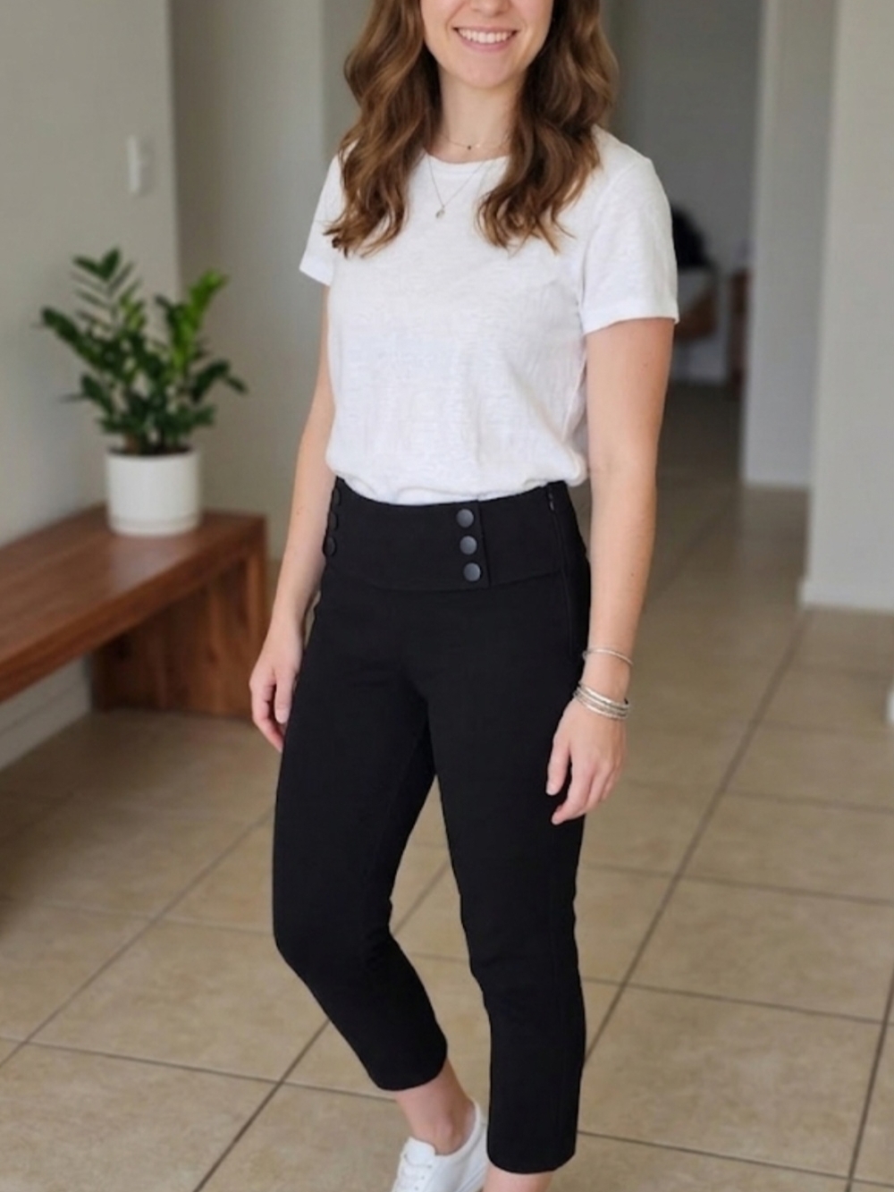 Zara Black High-Waist Cropped Ponte Pants with Side Buttons